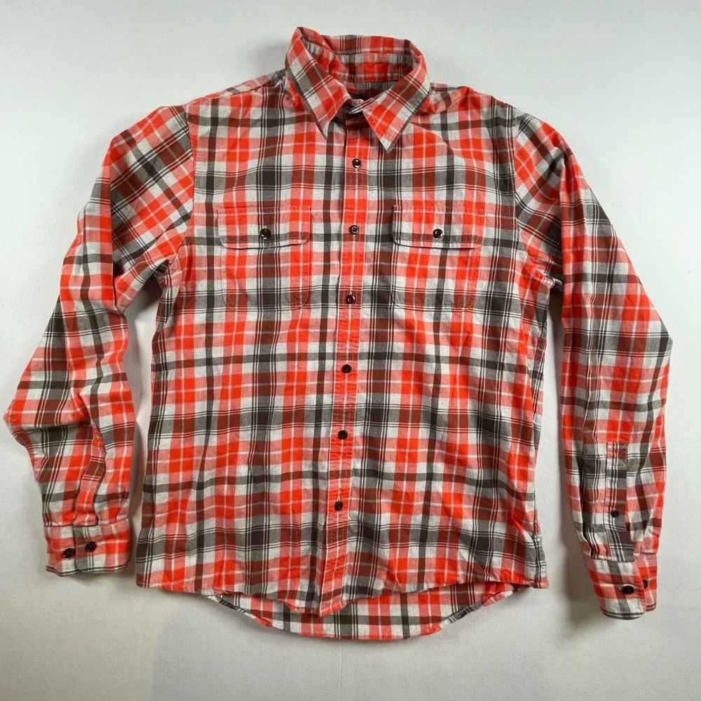 LL Bean Signature Slim Fit Plaid Shirt Men's Size Medium Orange Brown Outdoors - Picture 2 of 7